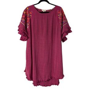Umgee Women's Fuschia Embroidered Floral Linen Blend Dress Ruffle Sleeves Size L